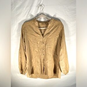 Soft Surroundings Gold Embroidered Button Down Blouse Too V-Neck Ruffle …